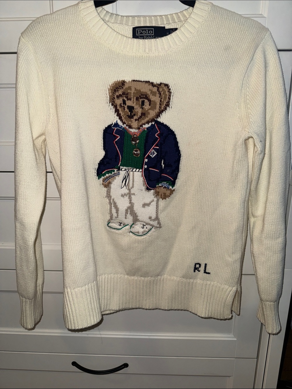Polo by Ralph Lauren Cream Crewneck Sweater with Bear Intarsia